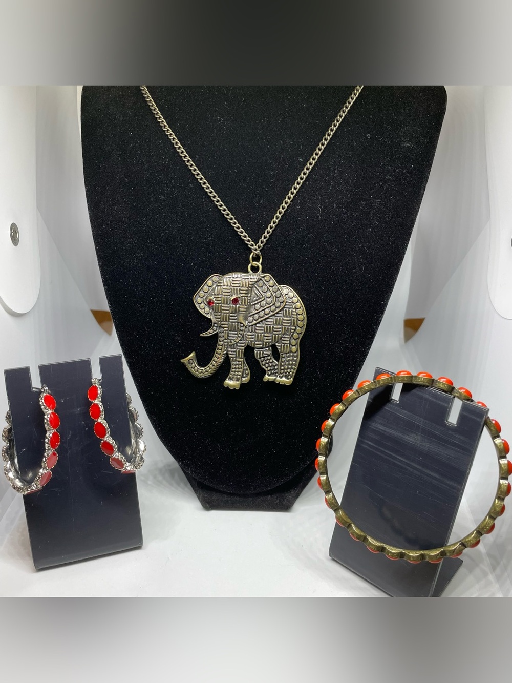 Boho Elephant Necklace, Earrings & Bangle Set w/Red Accents